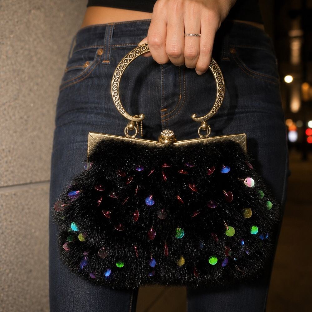 Beautiful Vintage Black Sequin Fur Evening Handbag